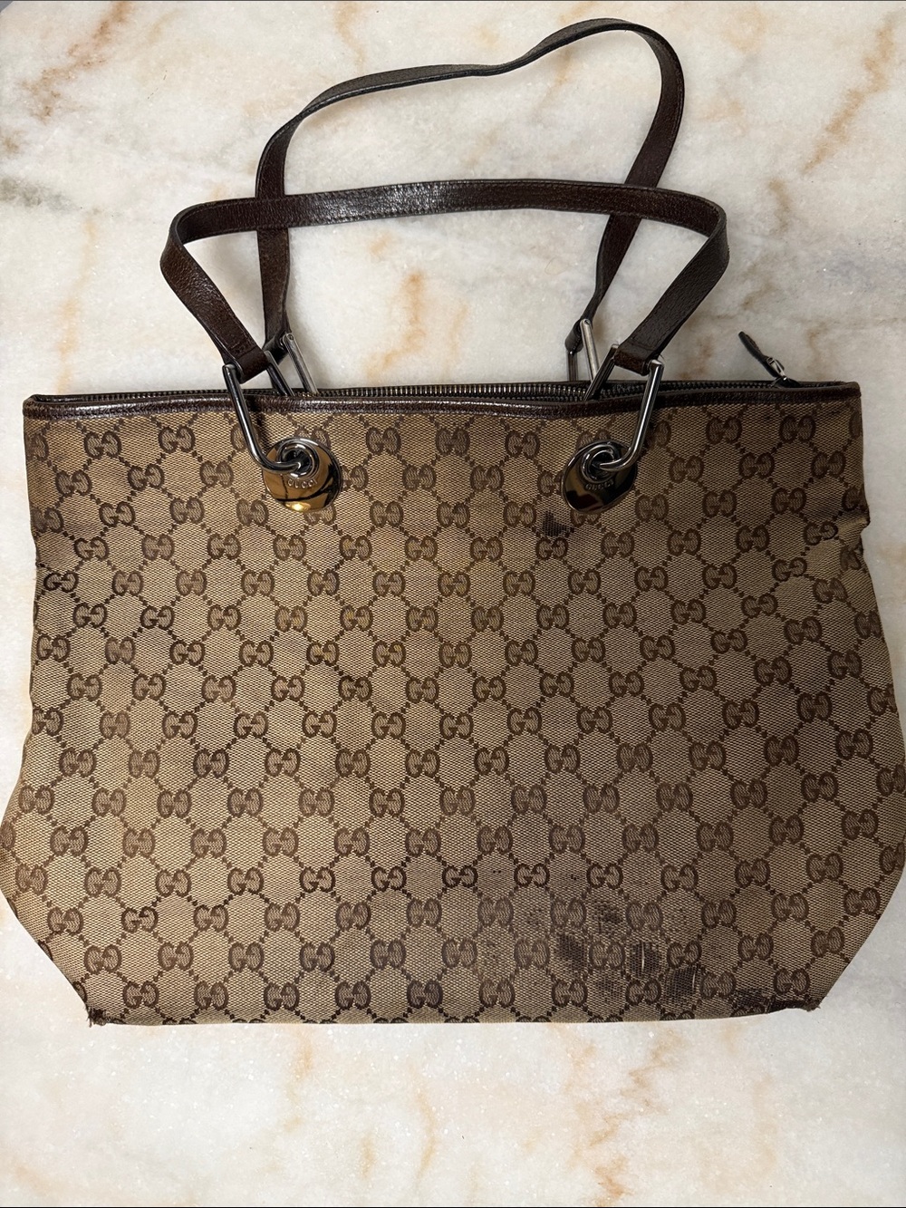Gucci Beige and Brown GG Canvas Tote with Leather Straps